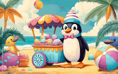 Whimsical cartoon scene of a penguin ice cream vendor with a bow tie and striped hat photo