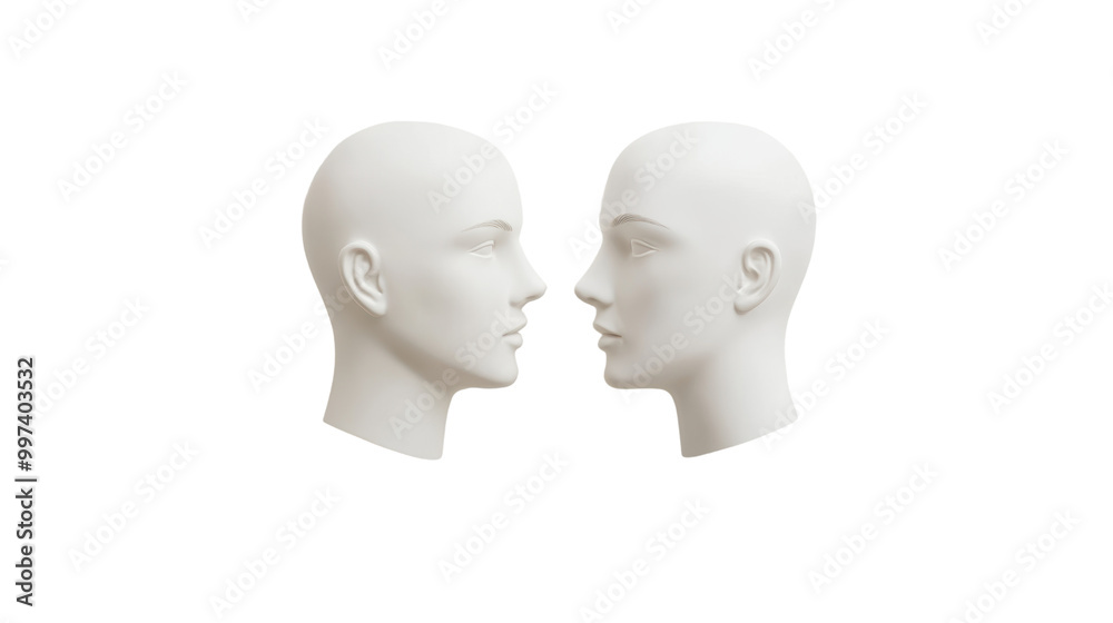 Two white mannequin heads facing each other on a white isolated background. transparent background. Two white mannequin heads facing each other on a white isolated background. transparent background.