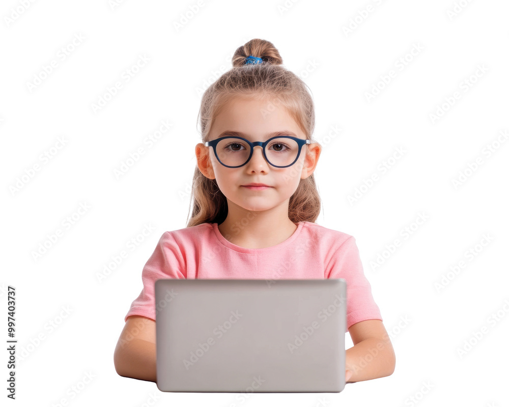 Young girl using laptop, focused expression, isolated on white background. transparent background. Young girl using laptop, focused expression, isolated on white background. transparent background.