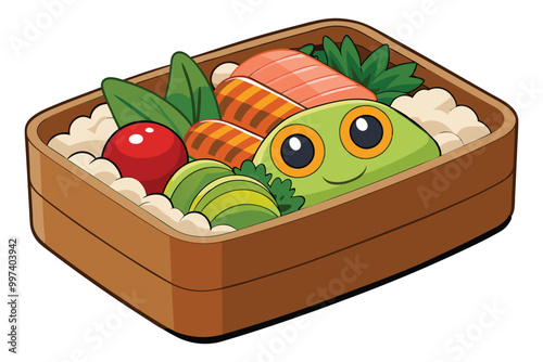 Close up Bento set, Japanese meal in a Box on white background grilled unagi or eel with rice, salad.