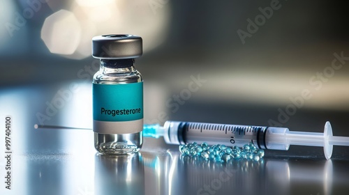 A clear glass vial with a blue label reading 'Progesterone' sits next to a clear plastic syringe and a string of blue beads on a shiny surface. photo