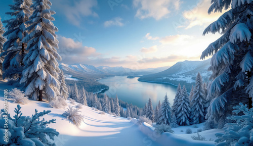 Winter road and a tranquil lake and snow-covered forest.