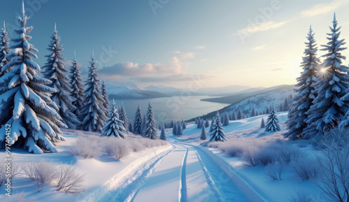 Snowy mountain road leading to a blue lake.