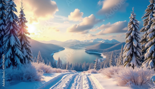 Snowy mountain lake at sunrise.