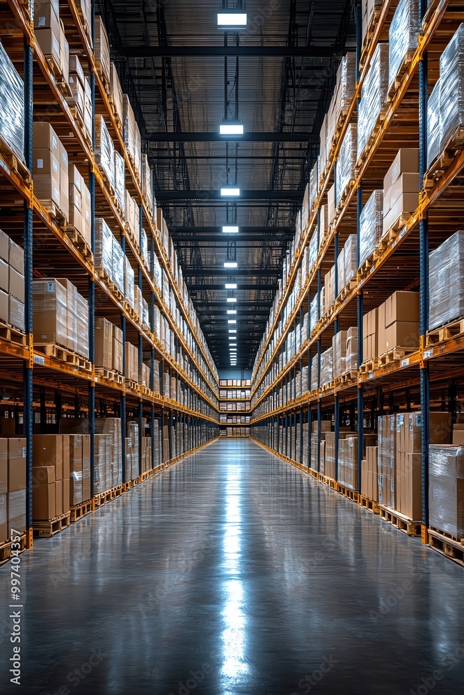 Warehouse aisle with towering shelves filled with boxes, bright overhead lights, symmetrical shot Warehouse aisle with towering shelves filled with boxes, bright overhead lights, symmetrical shot