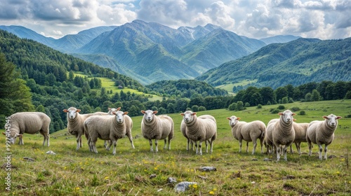 Group of sheep standing and grazing in a lush, green mountain valley, surrounded by trees and rolling hills under a cloudy sky..