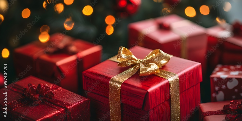 Christmas xmas or celebration holiday festive greeting card - Closeup of many different red presents gift boxes with gold ribbon, background with bokeh lights and christmas tree Christmas xmas or celebration holiday festive greeting card - Closeup of many different red presents gift boxes with gold ribbon, background with bokeh lights and christmas tree