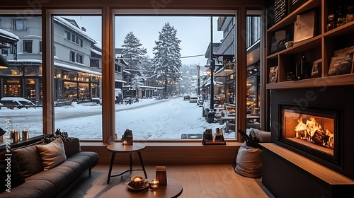 a cosy coffee shop with a large window to a snowy street : Generative AI photo