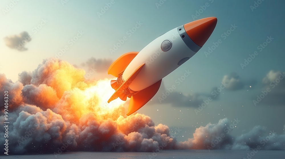 a sleek 3d rocket launching into the sky against a clean white background symbolizing innovation and exploration energetic colors and dynamic motion evoke excitement for the future a sleek 3d rocket launching into the sky against a clean white background symbolizing innovation and exploration energetic colors and dynamic motion evoke excitement for the future