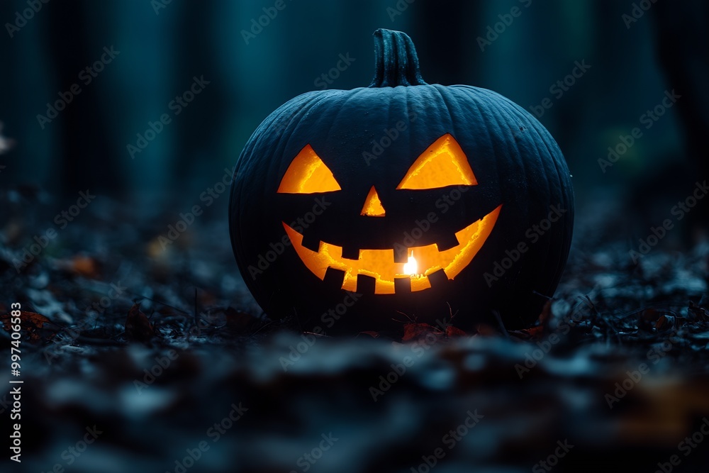 A spooky jack-o'-lantern glowing in the dark forest : Generative AI A spooky jack-o'-lantern glowing in the dark forest : Generative AI