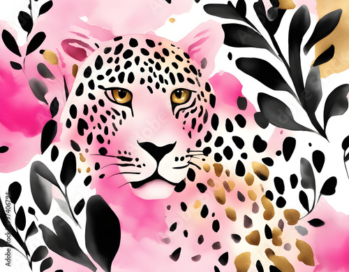 Pink Leopard creative watercolor gilded background