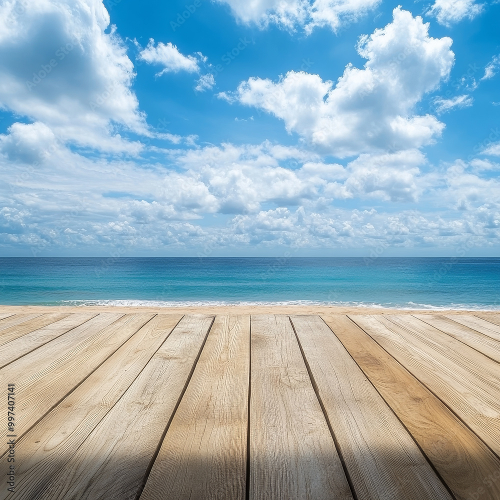 Fototapeta premium serene wooden deck overlooks tranquil beach and ocean, with fluffy clouds scattered across bright blue sky. This picturesque scene invites relaxation and peace