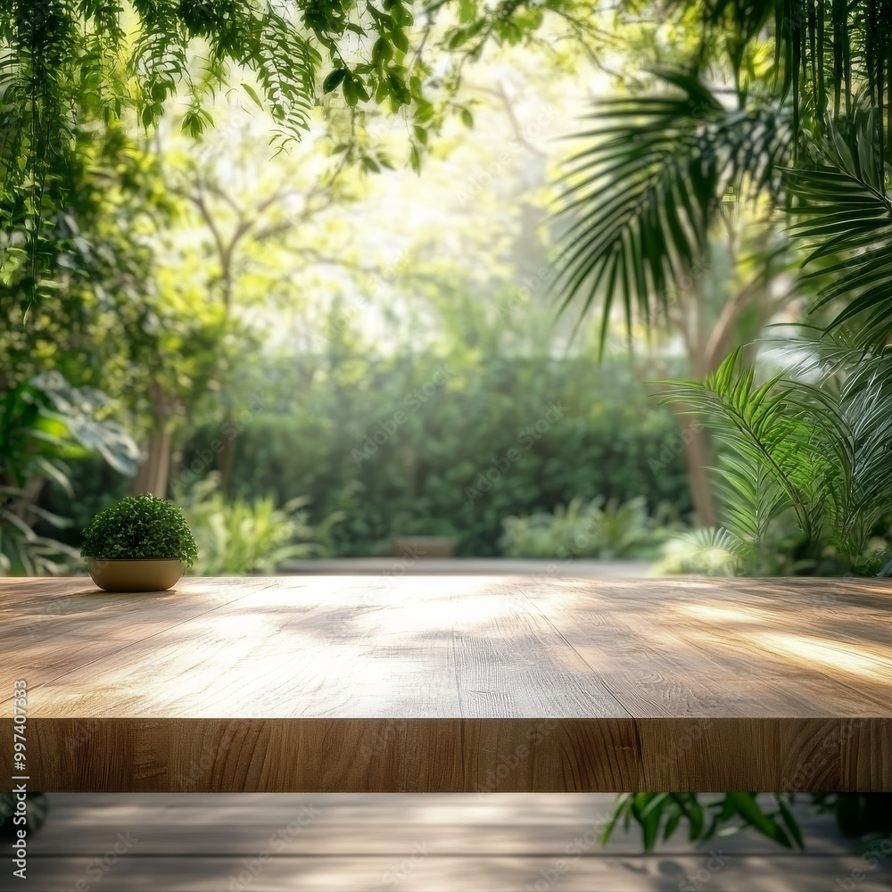 serene wooden table is set in lush green garden, surrounded by vibrant plants and soft sunlight filtering through leaves, creating peaceful atmosphere serene wooden table is set in lush green garden, surrounded by vibrant plants and soft sunlight filtering through leaves, creating peaceful atmosphere