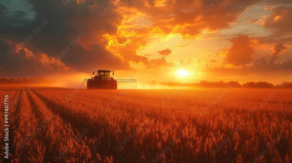 Fototapeta premium a tractor in a sprawling soybean field spraying a fine mist of pesticide with a vibrant sky overhead showcasing the intersection of agriculture and technology dynamic composition