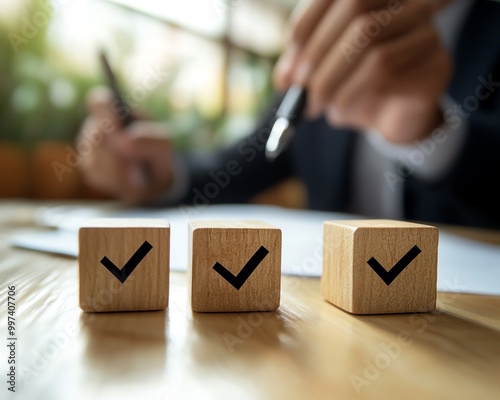 Option to approve or reject on wooden blocks with businessman working in background Document approval , project assessment evaluation acceptance, and quality assurance