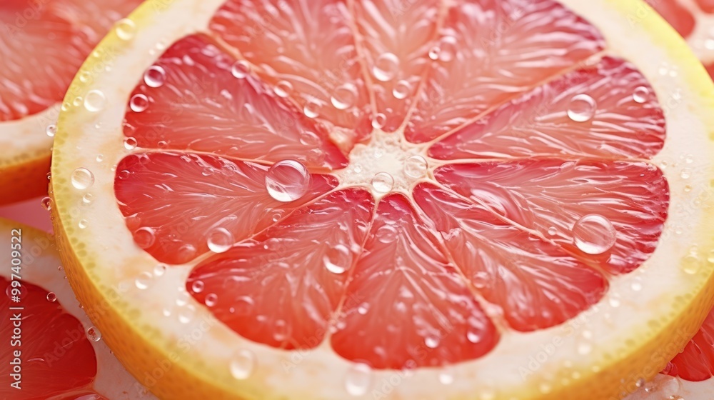 Close-up of a Freshly Sliced Grapefruit with Water Droplets Close-up of a Freshly Sliced Grapefruit with Water Droplets