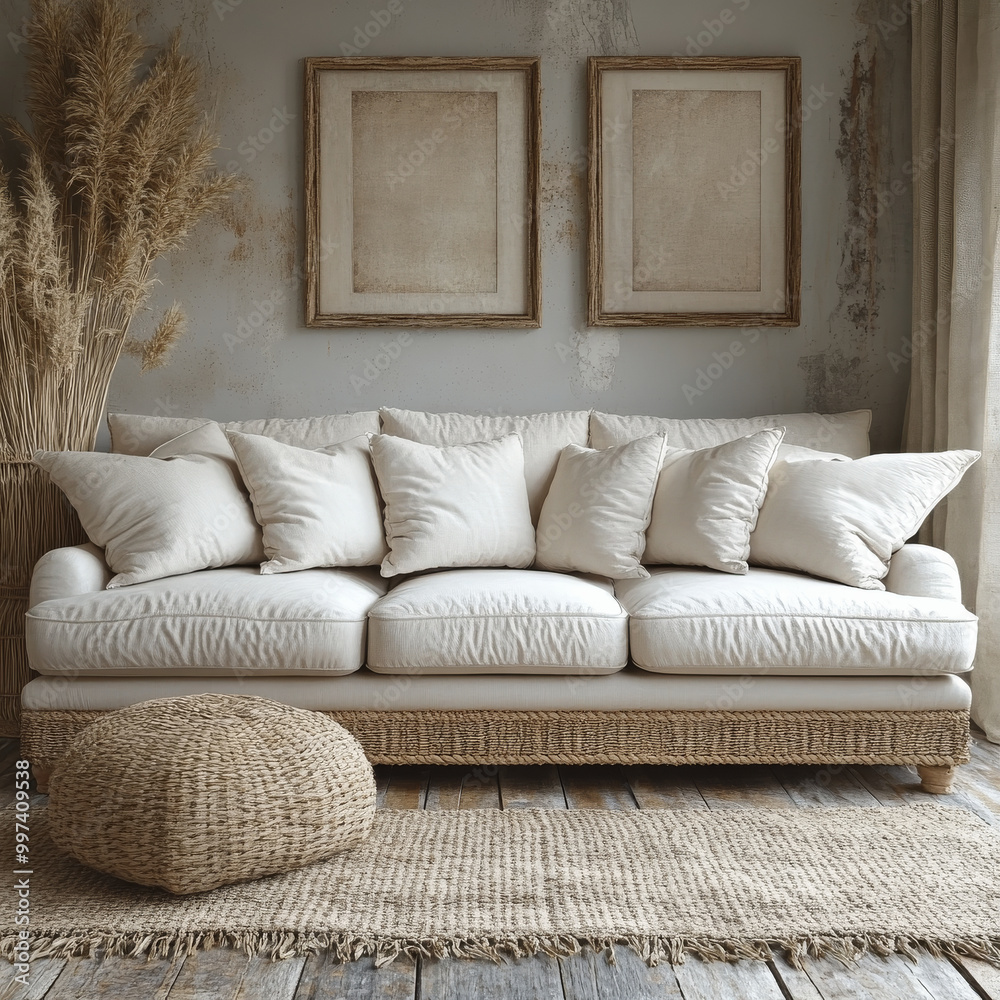cozy white sofa with plush cushions is centerpiece of serene living room, complemented by natural decor elements like woven pouf and soft textures cozy white sofa with plush cushions is centerpiece of serene living room, complemented by natural decor elements like woven pouf and soft textures