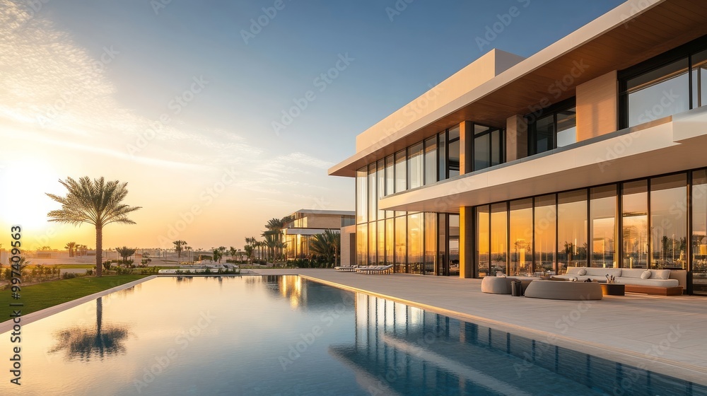 This luxurious modern villa showcases sleek architectural lines and expansive glass windows, reflecting the beautiful sunset over the UAE landscape with serene water features This luxurious modern villa showcases sleek architectural lines and expansive glass windows, reflecting the beautiful sunset over the UAE landscape with serene water features