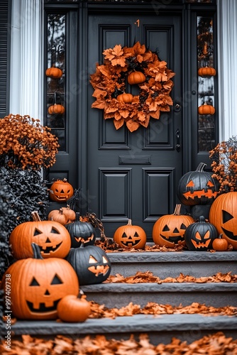 beautiful Halloween decorations in front of home dayligh : Generative AI photo