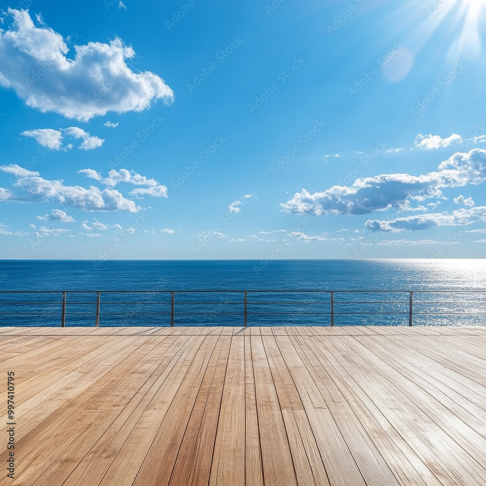 Obraz premium serene wooden deck overlooking vast blue sea under bright sky filled with fluffy clouds. sunlight reflects off water, creating tranquil atmosphere