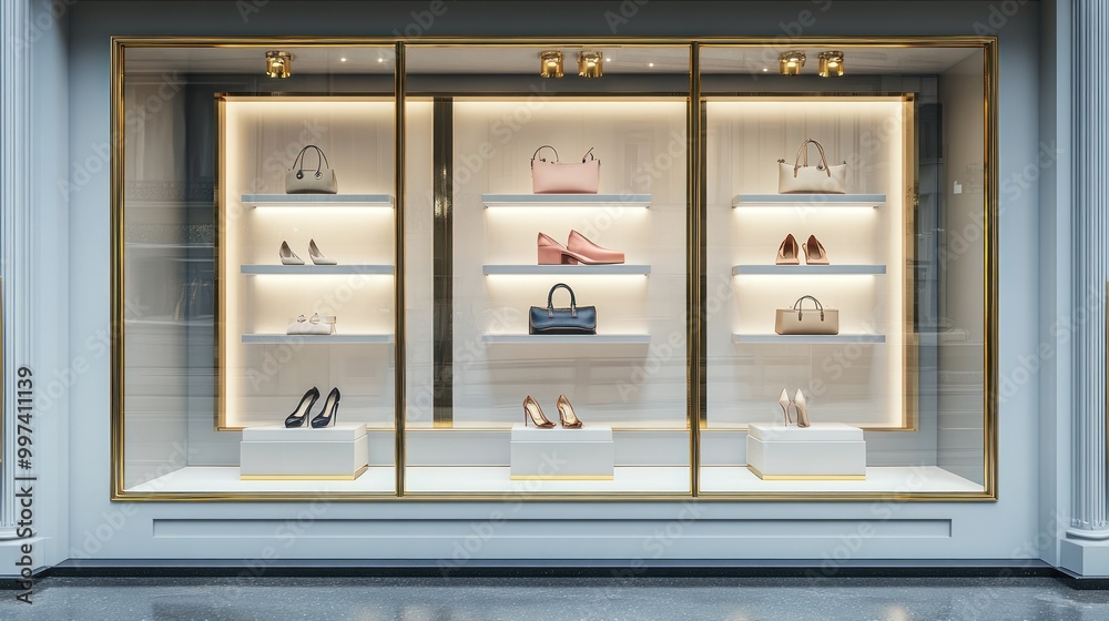 Elegant display of shoes and handbags in a boutique window. Elegant display of shoes and handbags in a boutique window.