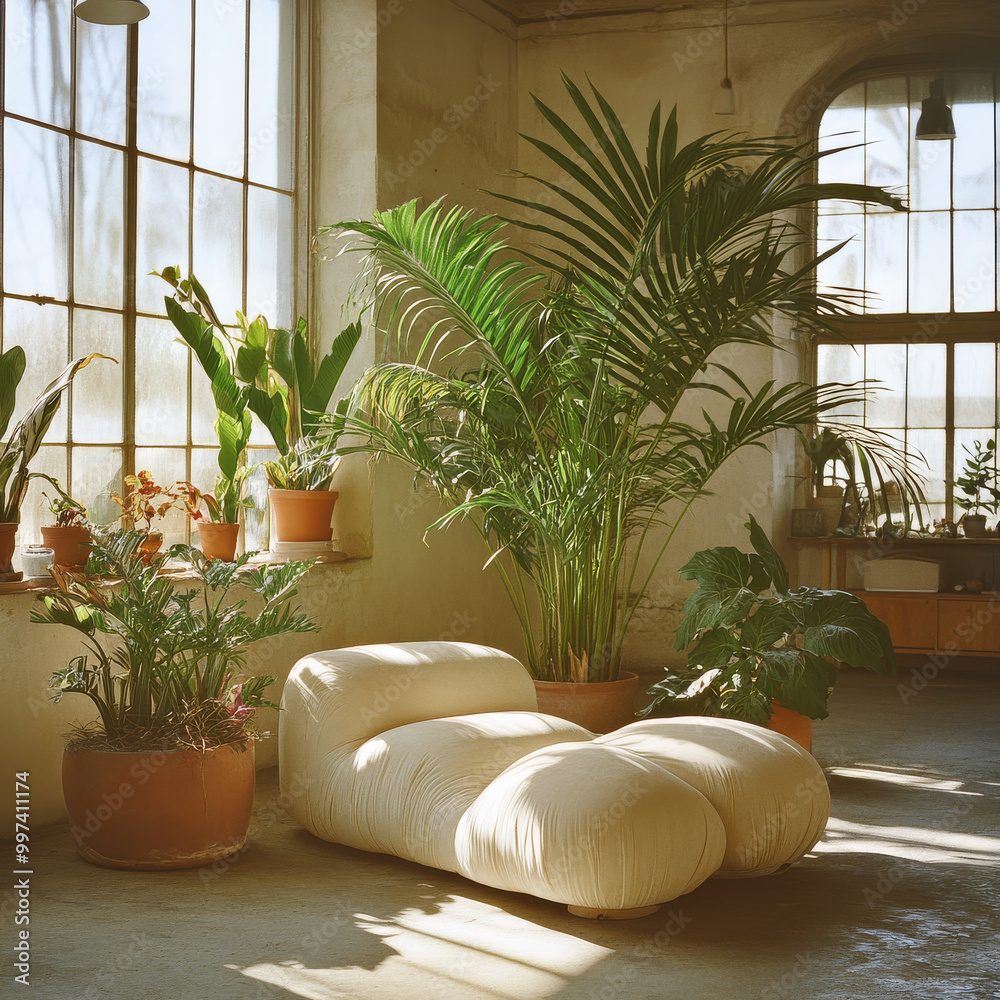 cozy living room featuring unique, soft sofa surrounded by lush green houseplants. sunlight filters through large windows, creating warm and inviting atmosphere cozy living room featuring unique, soft sofa surrounded by lush green houseplants. sunlight filters through large windows, creating warm and inviting atmosphere