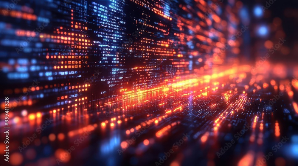 abstract digital code cascades across the screen embodying programming languages and technological advancement with vibrant glowing elements abstract digital code cascades across the screen embodying programming languages and technological advancement with vibrant glowing elements