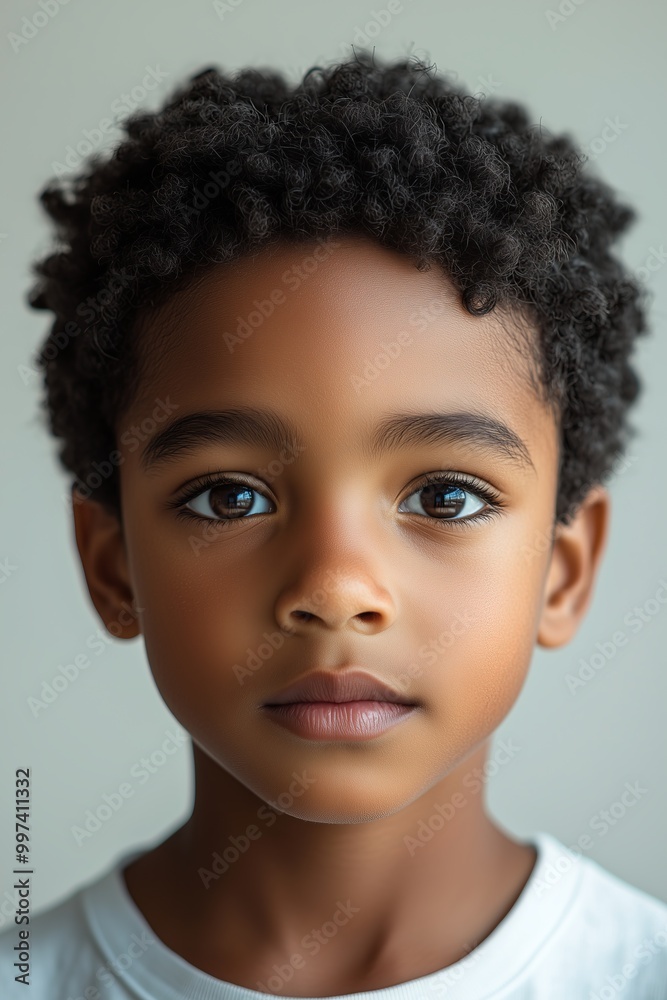 A young boy with dark skin and curly hair looks directly at the camera A young boy with dark skin and curly hair looks directly at the camera