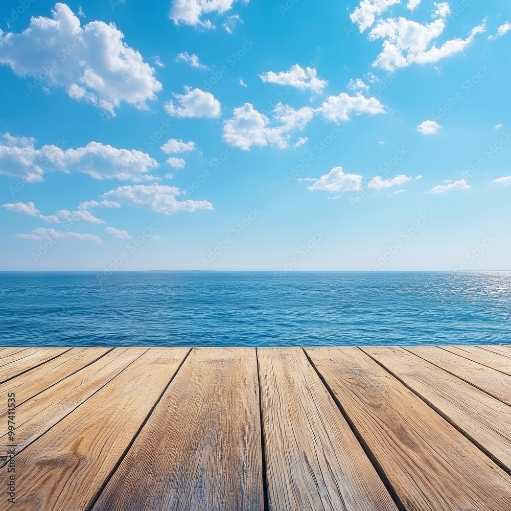 serene wooden deck extends over tranquil blue sea under bright sky filled with fluffy clouds, creating peaceful and inviting atmosphere serene wooden deck extends over tranquil blue sea under bright sky filled with fluffy clouds, creating peaceful and inviting atmosphere