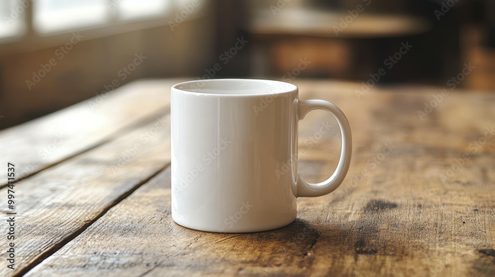Unbranded coffee mug on a wooden surface, plain white ceramic surface for customization Unbranded coffee mug on a wooden surface, plain white ceramic surface for customization