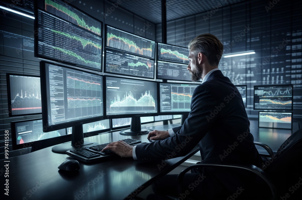 A financial analyst in a suit sits in front of multiple monitors displaying complex stock market data and charts in a modern office.. A financial analyst in a suit sits in front of multiple monitors displaying complex stock market data and charts in a modern office..