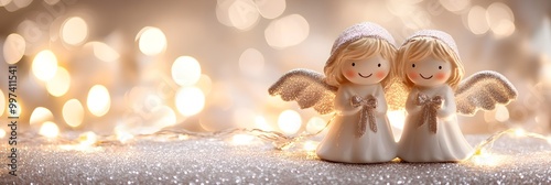 Cute christmas angels with lights and copy space
