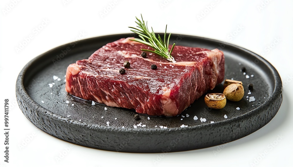 A piece of Hanwoo ribeye steak placed on a rough black plate with white background A piece of Hanwoo ribeye steak placed on a rough black plate with white background