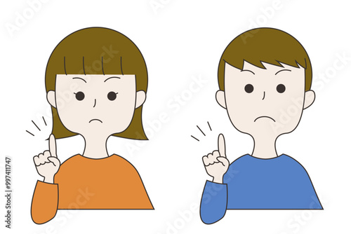 人差し指を立てる怒った顔の男女