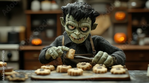 Frankensteins monster baking Halloween cookies in a whimsical kitchen photo