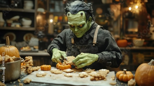 Frankensteins monster baking Halloween cookies in a whimsical kitchen photo