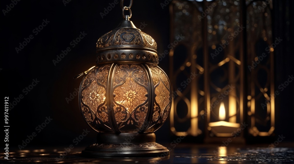 An intricately designed metal lantern emits a soft, warm glow in a dark setting, creating a cozy, intimate ambiance.. An intricately designed metal lantern emits a soft, warm glow in a dark setting, creating a cozy, intimate ambiance..