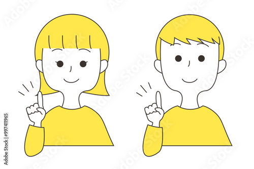 人差し指を立てる笑顔の男女