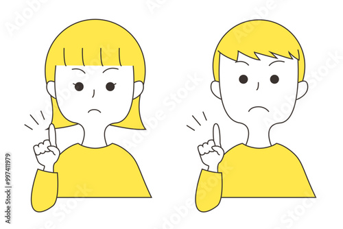 人差し指を立てる怒った顔の男女