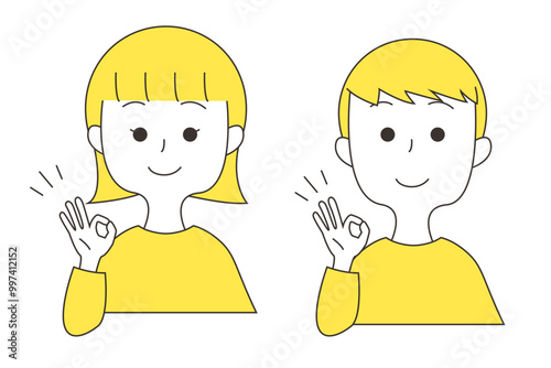 笑顔でオッケーサインをする男女