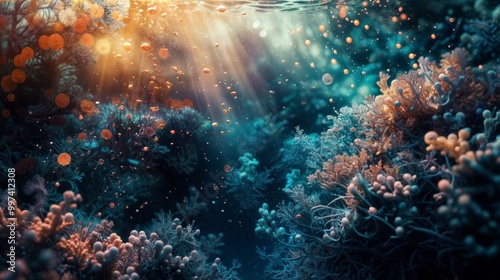 A vibrant underwater scene of coral reefs with colorful particles floating and sun rays penetrating the ocean surface, illuminating the marine life..