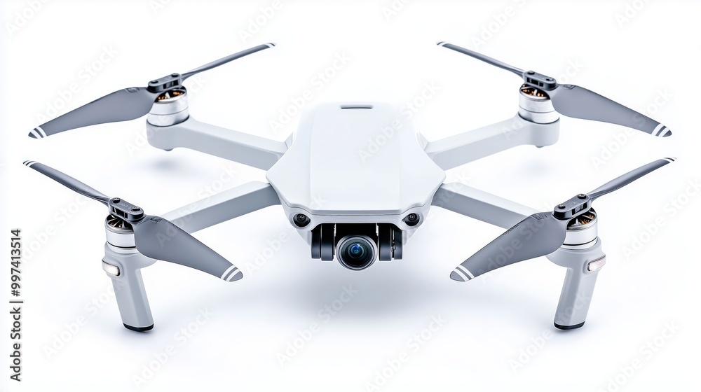 Quadrocopter drone displayed against white backdrop, sharp studio focus. AI generated Quadrocopter drone displayed against white backdrop, sharp studio focus. AI generated