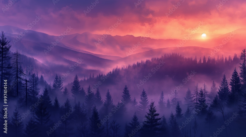 Mountain peak covered mist, silhouetted pine trees under atmospheric dawn light, serene natural landscape. AI generated