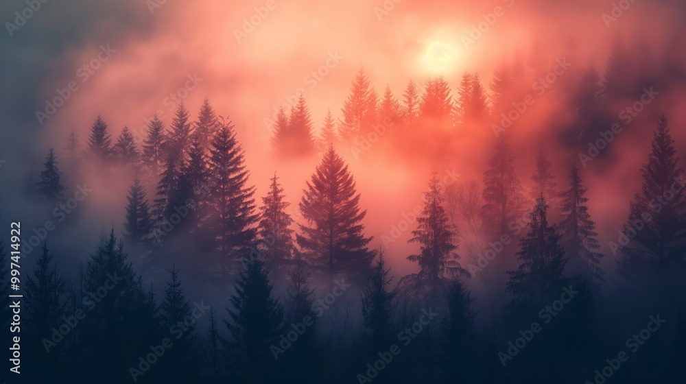 Mountain peak covered mist, silhouetted pine trees under atmospheric dawn light, serene natural landscape. AI generated Mountain peak covered mist, silhouetted pine trees under atmospheric dawn light, serene natural landscape. AI generated