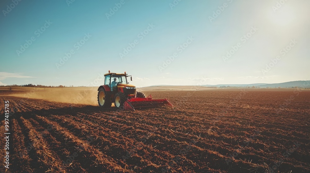 Fototapeta premium A farmer tilling a field with a tractor, turning over rich, dark soil under a clear blue sky
