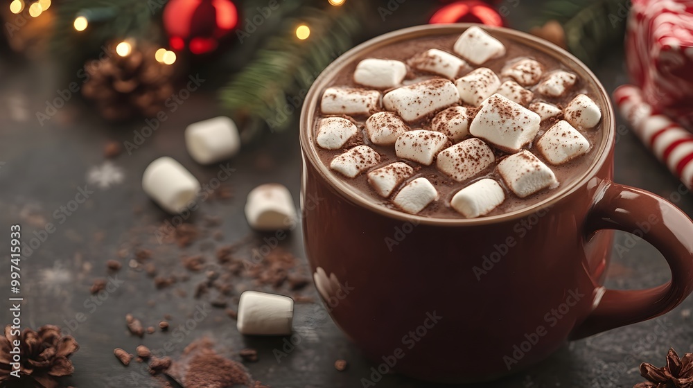 Mug of hot chocolate with marshmallows and christmas candy Mug of hot chocolate with marshmallows and christmas candy
