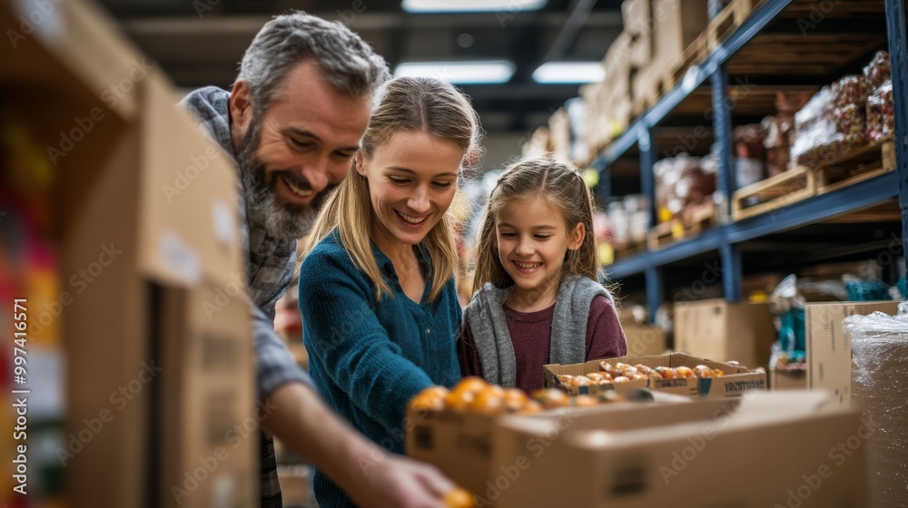 A family of three smiles as they organize food donations at a community food bank, creating a joyful atmosphere of collaboration and kindness A family of three smiles as they organize food donations at a community food bank, creating a joyful atmosphere of collaboration and kindness