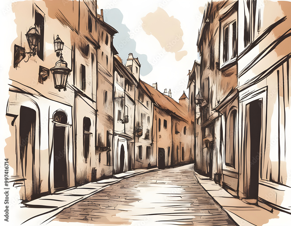 Naklejka premium Old city street in hand drawn sketch style background