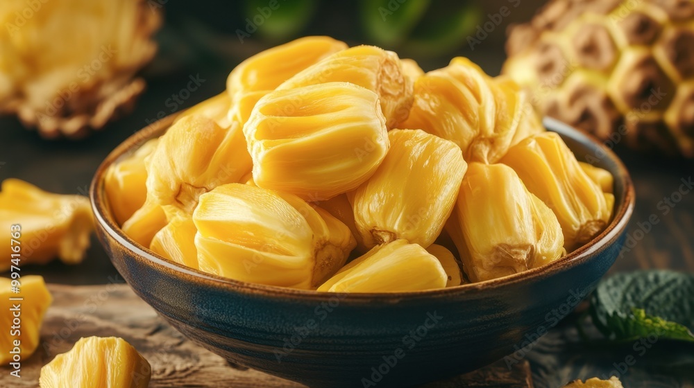 A bowl of freshly cut Thai jackfruit, known for its sweet flavor and vibrant yellow color. A bowl of freshly cut Thai jackfruit, known for its sweet flavor and vibrant yellow color.