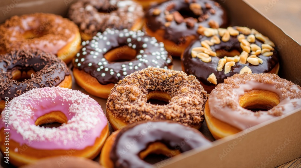 A box of mixed donuts with different toppings like chocolate, nuts, and fruity glazes. A box of mixed donuts with different toppings like chocolate, nuts, and fruity glazes.